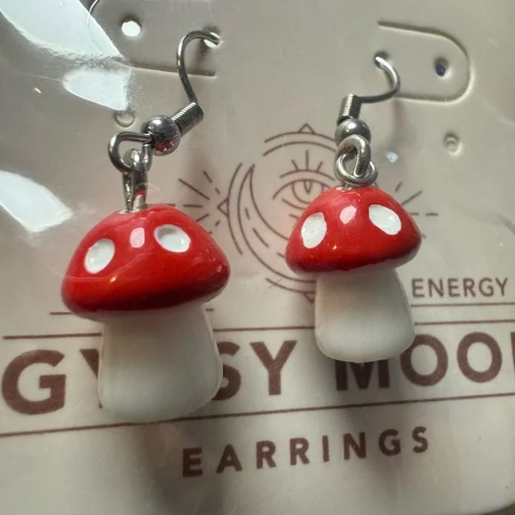 Gypsy Moon Red and White Mushroom Earrings - Picture 3 of 3